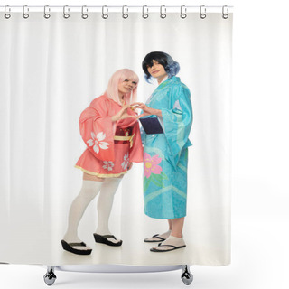Personality  Happy Young Cosplayers In Colorful Kimonos Showing Heart Sign With Hands On White, Anime Style Shower Curtains