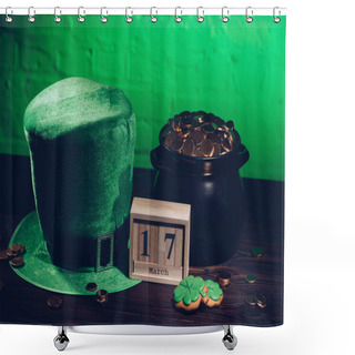 Personality  Calendar, Cookies In Shape Of Shamrock, Green Irish Hat And Pot With Golden Coins On Wooden Table   Shower Curtains