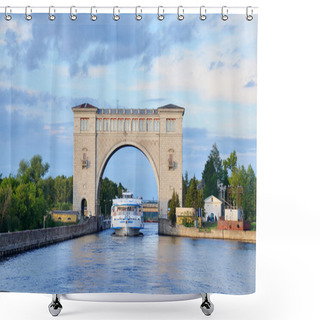 Personality  Sluice Gates On The River Volga, Russia With Cruise Boat Shower Curtains