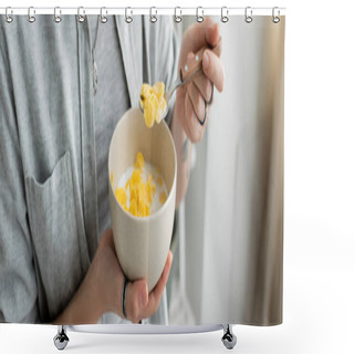 Personality  Cropped View Of Tattooed Young Woman In Grey Casual Clothes Holding Bowl With Cornflakes And Spoon While Having Breakfast In Blurred White Kitchen. Copy Space, Apartment, Morning Energy, Banner  Shower Curtains
