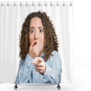 Personality  Surprised, Shocked Young Woman Pointing With Finger At Something Shower Curtains
