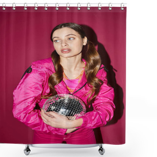 Personality  A Stylish Young Woman In Her 20s Wearing A Pink Jacket Holds A Disco Ball In A Studio With A Pink Background. Shower Curtains