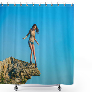 Personality  Acrophobia Woman Tall Stands On Top Of A Rock Cliff Edge And Is Shower Curtains