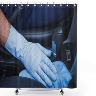 Personality  Cropped View Of Car Cleaner Wiping Gear Shifter With Rag Shower Curtains