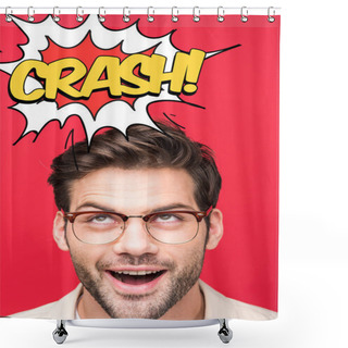 Personality  Excited Handsome Man In Glasses Looking Up Isolated On Red With Crash Lettering Shower Curtains