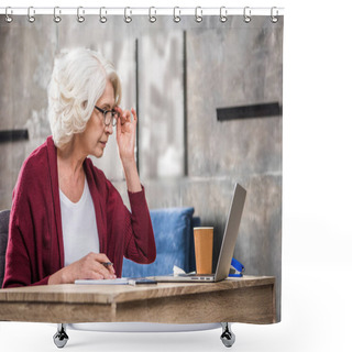 Personality  Senior Woman Adjusting Eyeglasses   Shower Curtains