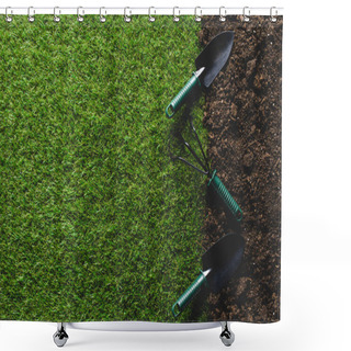 Personality  Top View Of Grass And Shovels With Hand Rake On Soil  Shower Curtains