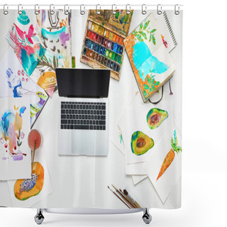 Personality  Top View Of Laptop Surrounded By Watercolors Paints Drawings Shower Curtains