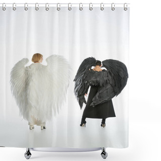 Personality  Back View Of Women In Costumes Of Devil And Angel With Black And Light Wings On White, Full Length Shower Curtains