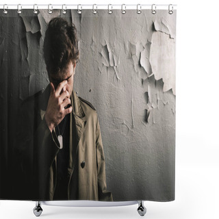 Personality  Man Touching Face While Standing Near Old Wall, Post Apocalyptic Concept Shower Curtains