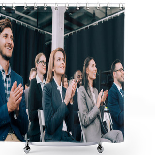 Personality  Smiling Multiethnic Businesspeople Applauding During Business Seminar In Conference Hall Shower Curtains