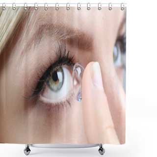 Personality  Medicine And Vision Concept - Young Woman With Contact Lens, Close Up Shower Curtains