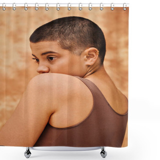 Personality  Natural Look, Self-esteem, Young Woman With Short Hair Posing On Mottled Beige Background, Individuality, Modern Generation Z, Beauty And Confidence, Body Positivity Movement, Tattooed  Shower Curtains