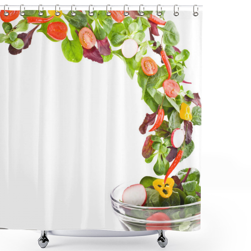 Personality  Flying Fresh Salad Isolated Over White Background Shower Curtains