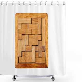 Personality  Top View. Three-dimensional Wooden Pentamino Board Game On A White Background. Shower Curtains