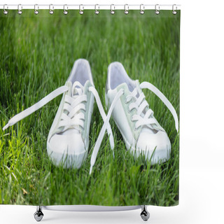 Personality  Close Up View Of White Stylish  Shoes On Green Grass Shower Curtains