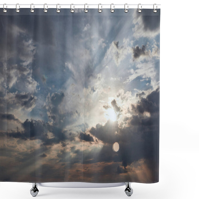 Personality  dark clouds and sun rays on blue sky background shower curtains