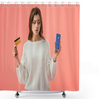 Personality  Attractive Brunette Girl Holding Credit Card While Looking At Smartphone With Facebook App On Screen Isolated On Pink  Shower Curtains