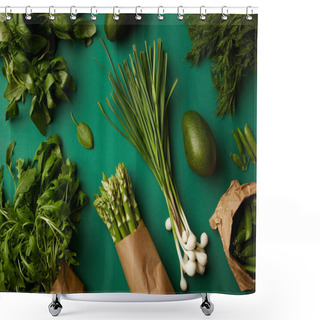 Personality  Top View Of Various Ripe Vegetables On Green Surface Shower Curtains