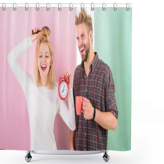 Personality  Sleepy But Happy. Family Live Healthy Regime Lifestyle. Start Day Pleasant Routine Drink Coffee. Have Nice Day. Couple Happy Wake Up Morning. Time For Happiness Red Alarm Clock. Cheerful Morning Shower Curtains