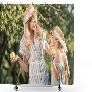 Personality  Beautiful Mother And Daughter In Straw Hats Holding Appples In Garden With Sunlight  Shower Curtains