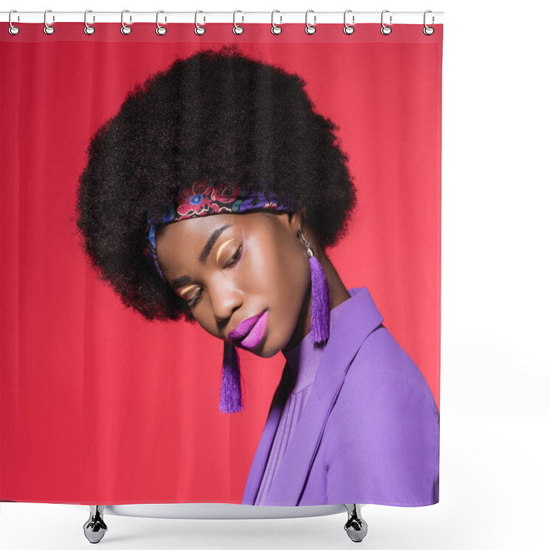Personality  African American Young Woman In Purple Stylish Outfit Isolated On Red Shower Curtains