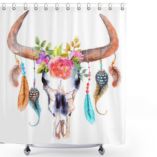 Personality  Watercolor Bull Skull With Flowers And Feathers Shower Curtains