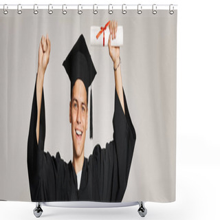 Personality  Banner Of Smiling Student In Graduate Outfit Happy To Have Completed His Studies On Grey Background Shower Curtains