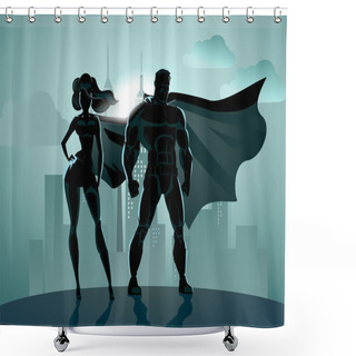Personality  Superhero Couple: Male And Female Superheroes, Posing In Front O Shower Curtains