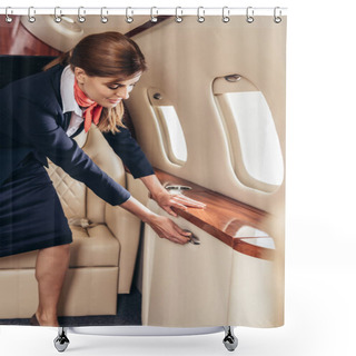 Personality  Flight Attendant In Uniform Holding Handle In Private Plane  Shower Curtains