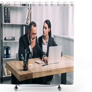 Personality  Portrait Of Stressed Business People In Suits At Workplace With Laptop In Office Shower Curtains