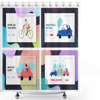 Personality  City Traffic Website Landing Page Set, People Driving Different Types Of Transport As Cars And Bicycle On Road, Cycle And Automobiles Transportation Web Page. Cartoon Flat Vector Illustration, Banner Shower Curtains