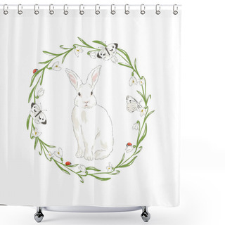 Personality  Cute Bunny In Spring Snowdrops Floral Wreath With Butterfly And Ladybug Hand Drawn Vector Illustration  Shower Curtains
