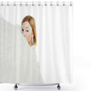 Personality  Angelic Woman Looking At Camera Behind Heavenly Wings On White Backdrop, Ethereal Beauty Shower Curtains