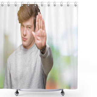 Personality  Young Handsome Sporty Man Wearing Sweatshirt Over Isolated Background Doing Stop Sing With Palm Of The Hand. Warning Expression With Negative And Serious Gesture On The Face. Shower Curtains