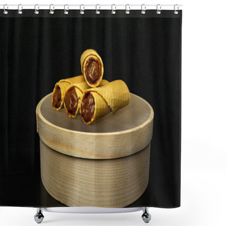 Personality  Wafer Rolls With Condensed Milk On A Wooden Sieve On A Black Background Shower Curtains