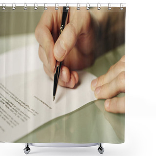 Personality  Close-up Of A Man Writing In A Notebook Shower Curtains