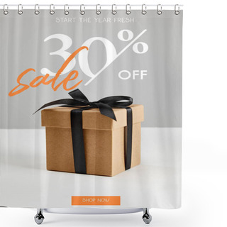 Personality  Cardboard Gift Box With Black Ribbon Isolated On Grey With Sale 30 Percent Off, Black Friday Concept Shower Curtains