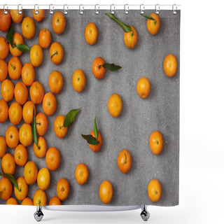 Personality  Top View Of Sweet Orange Tangerines With Green Leaves On Grey Table Shower Curtains