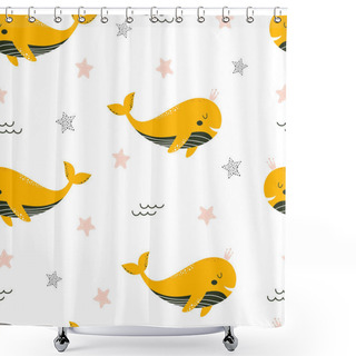 Personality  Seamless Pattern With Cute Whale In Crown And Starfishes In Scandinavian Style On White Background, Cute Baby Animals Shower Curtains