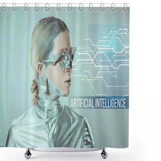 Personality  Futuristic Silver Cyborg With Eye Prosthesis Looking At Digital Data On Grey With 