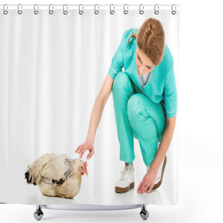 Personality  Portrait Of Veterinarian In Uniform With Chicken Isolated On White Shower Curtains
