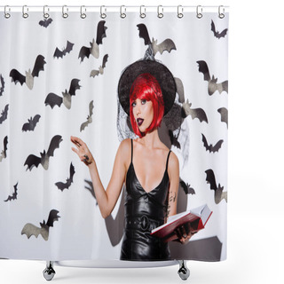 Personality  Girl In Black Witch Halloween Costume With Red Hair Holding Book Near White Wall With Decorative Bats Shower Curtains