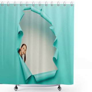 Personality  Surprised Redhead Preteen Girl Looking At Camera Through Blue Torn Paper Hole On White Background, International Child Protection Day Concept  Shower Curtains