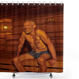 Personality  Positive And Shirtless Middle Aged Man With Tattoos Sitting In Sauna, Wellness Retreat Concept Shower Curtains
