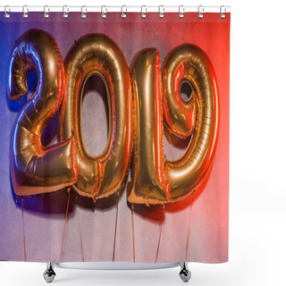 Personality  Golden 2019 Sign Helium Balloons With Blue And Red Light On Grey Shower Curtains