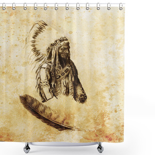 Personality  Drawing Of Native American Indian Foreman Sitting Bull - Totanka Yotanka According Historic Photography, With Beautiful Feather Headdress. Shower Curtains