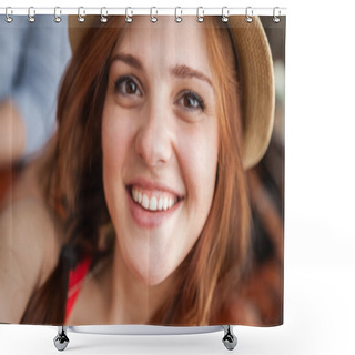 Personality  Smiling Woman Making Self Portrait Shower Curtains