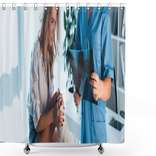 Personality  Panoramic Shot Of Orthopedist Holding X-ray Near Injured Woman  Shower Curtains