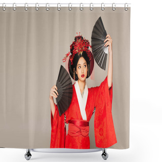 Personality  Japanese Woman In Oriental Clothes Holding Fans Isolated On Grey  Shower Curtains